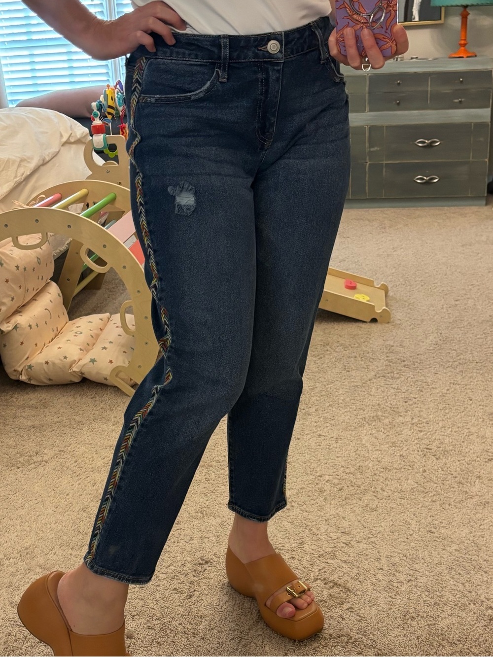 Knox Rose Dark Blue Denim Ankle Jeans with Multicolor Chevron Side Trim